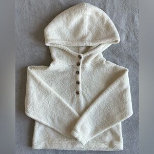 New In | white Teddy Knit Button-up Boxy Hooded Sweater with Pockets in size S